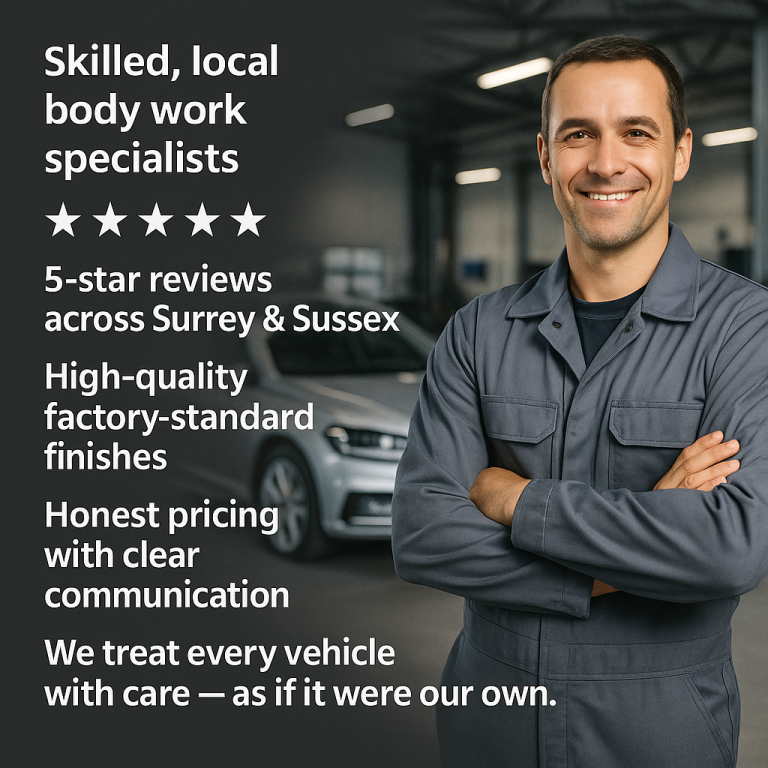 Smiling mechanic in uniform promoting local bodywork services with key features listed.