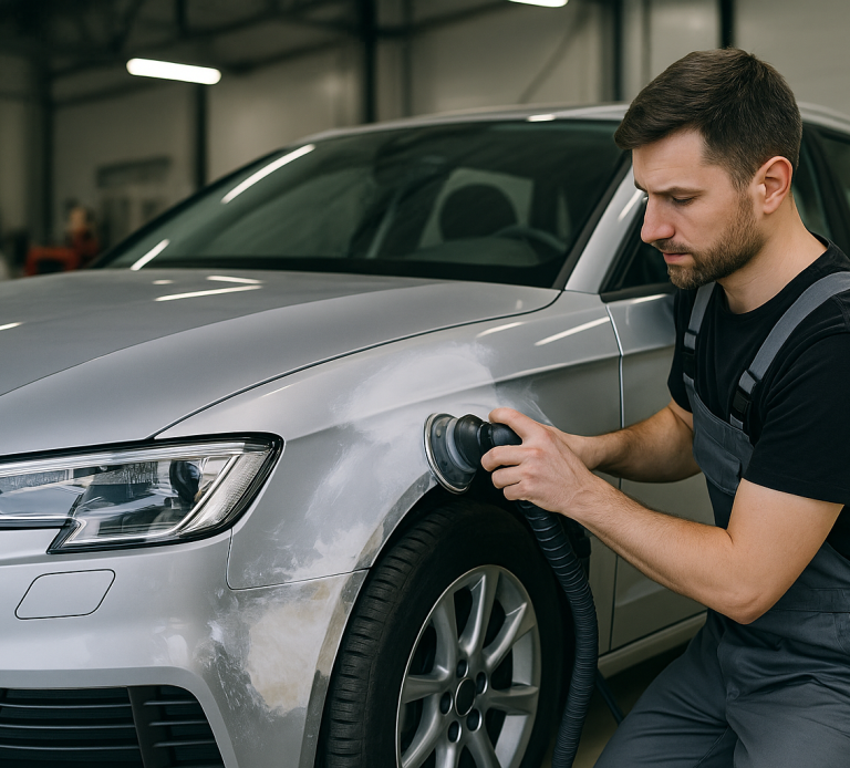 A man polishes a silver car in a workshop, focusing on the vehicle's bodywork.