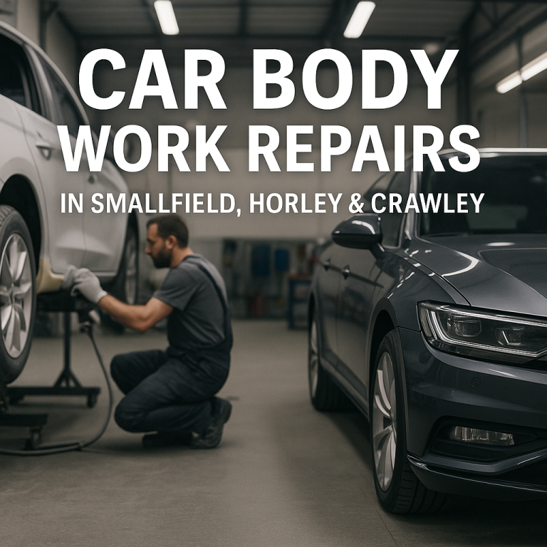 A mechanic performing bodywork repairs on a car in a workshop.