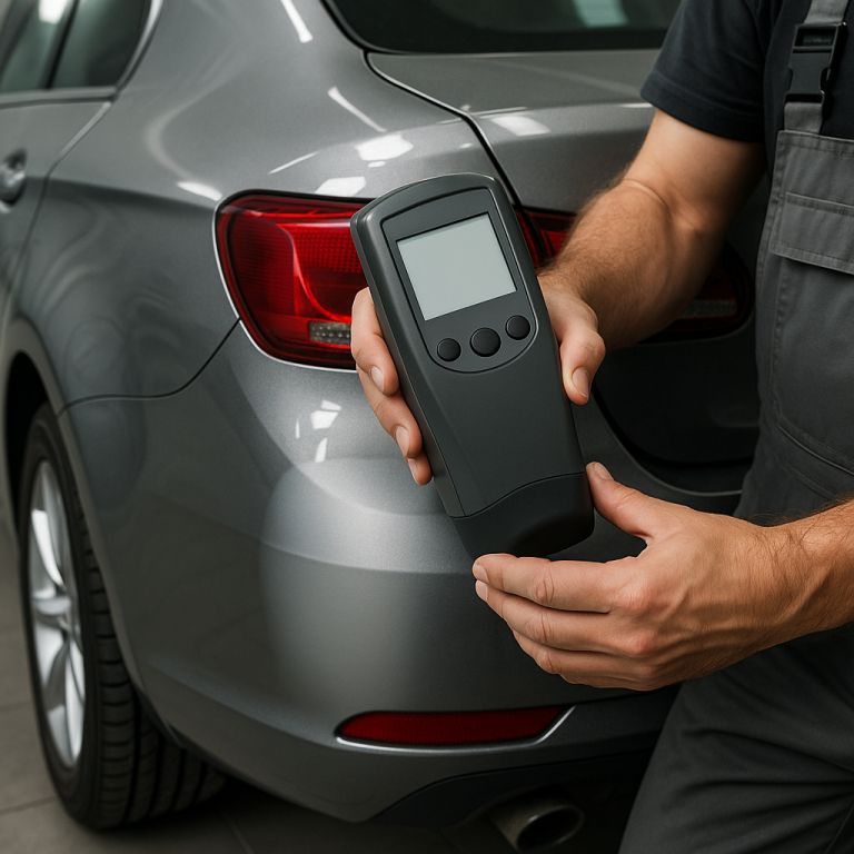A person holding a car diagnostic tool next to a silver vehicle.
